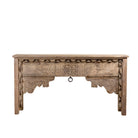 White background image of a hand-carved console table made from reclaimed teak wood, featuring intricate traditional Indian carvings and natural aged finish.