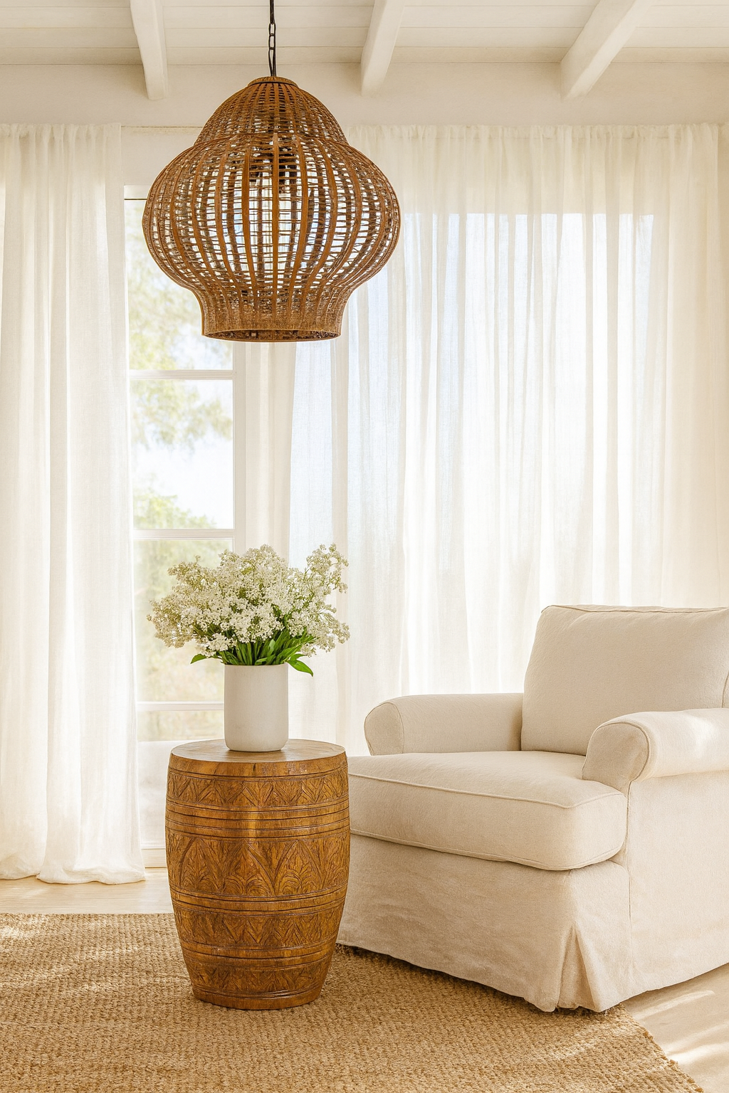 Life style imagination of a hand-carved mango wood coffee table with barrel shape and warm rustic finish; vintage style coffee table, 45 cm diameter, 55 cm height.