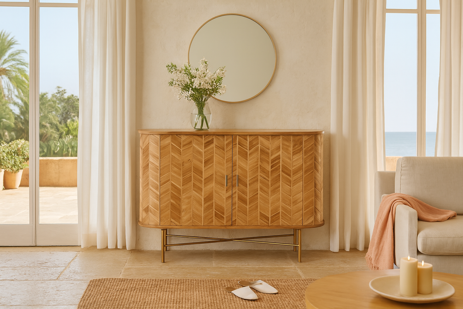 Lifestyle imagination of a handmade teak wood cabinet with chevron pattern, brass stand, and handles—minimalistic style living room furniture with modern and natural appeal.