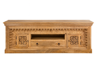 White background image of a carved mango wood TV unit with hand-carved doors, one drawer, and open shelf, 150 × 60 × 40 cm.
