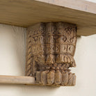 Unique wall shelf made of reclaimed teak wood with carved supports from Indian house parts; rustic vintage home accessories, 100 × 20 × 15 cm.