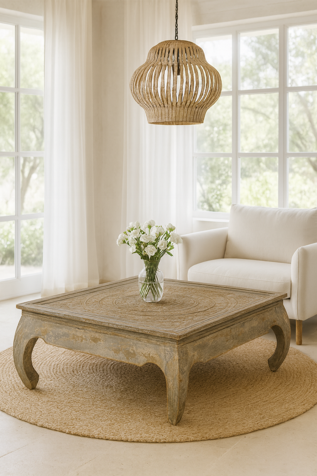 Lifestyle imagination of a square hand carved mango wood coffee table with floral top and vintage multi-layer finish; 120 × 120 × 45 cm.