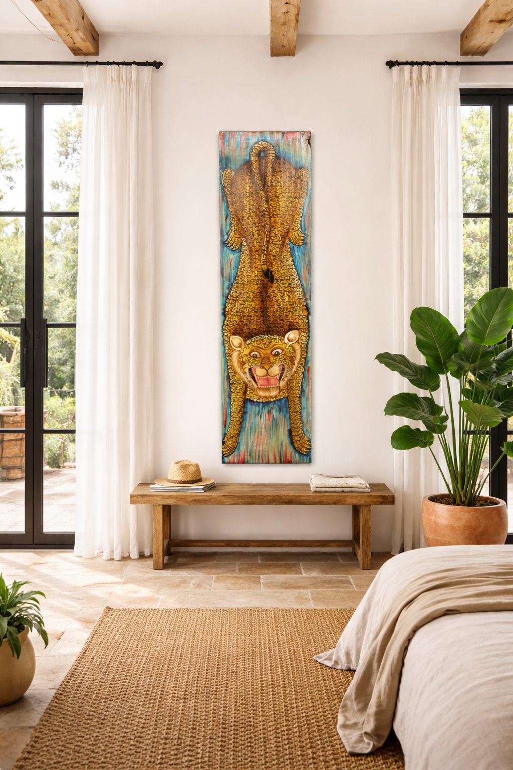 Lifestyle image of a Vanij hand-painted tiger wall panel made from an old Indian teak door—an expressive old door panel reimagined as a vertical artwork with heritage and cultural depth.