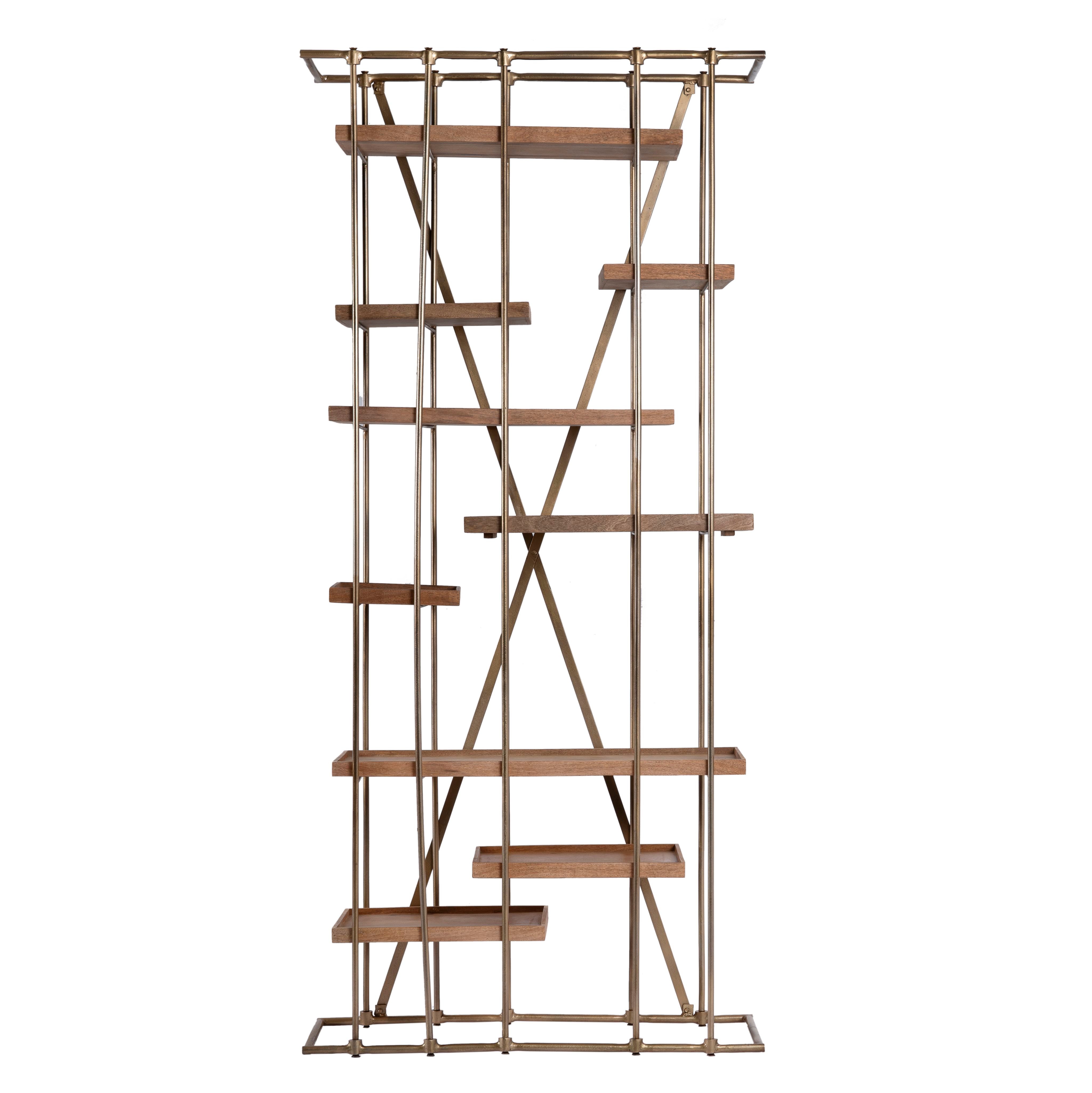 White background image of a brass-plated iron shelving unit with removable mango wood trays – minimalistic furniture and modular mango wood shelving for contemporary interiors.