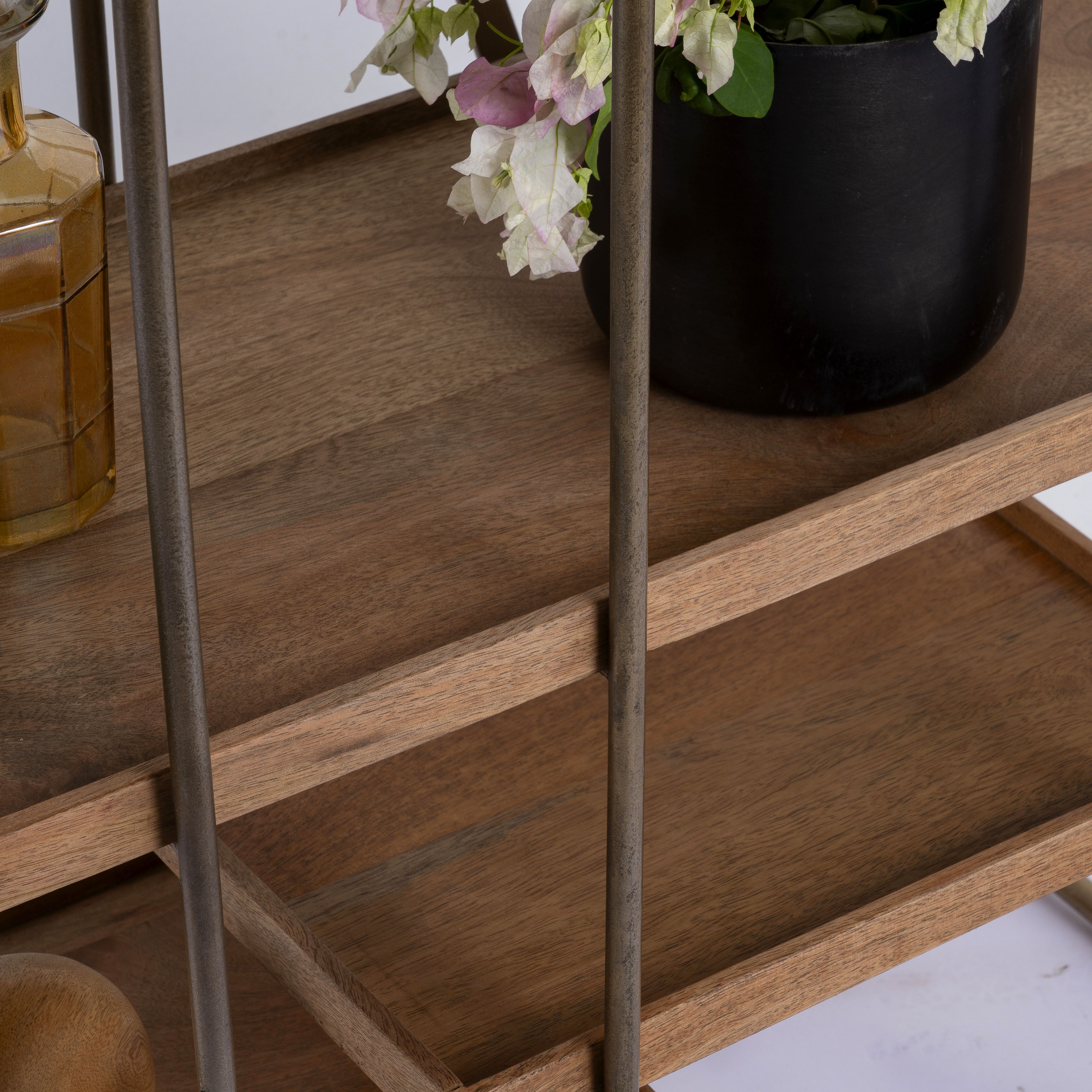 Close up image of a brass-plated iron shelving unit with removable mango wood trays – minimalistic furniture and modular mango wood shelving for contemporary interiors.