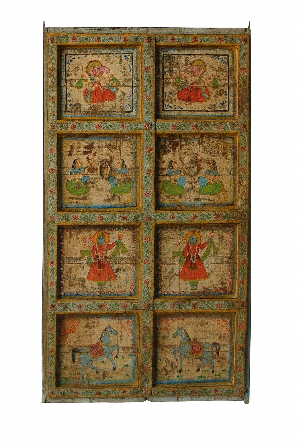 White background image of a Vedant hand-painted teak wood wall decoration featuring eight illustrated folklore panels, an expressive and detailed wall decoration from antique Indian door panels.