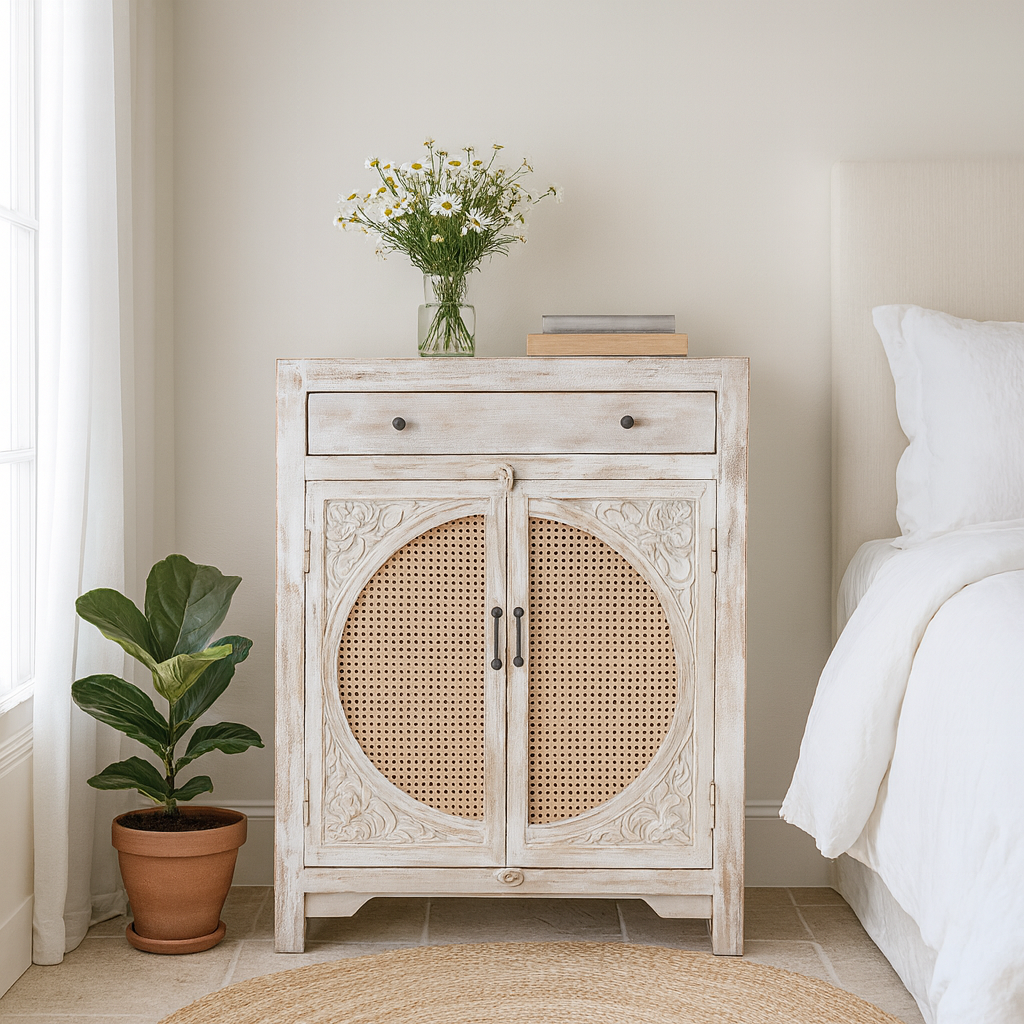 Lifestyle imagination of a white‑washed mango wood cupboard with rattan door panels and hand‑carved Indian ornamentation, 80 × 40 × 104 cm.