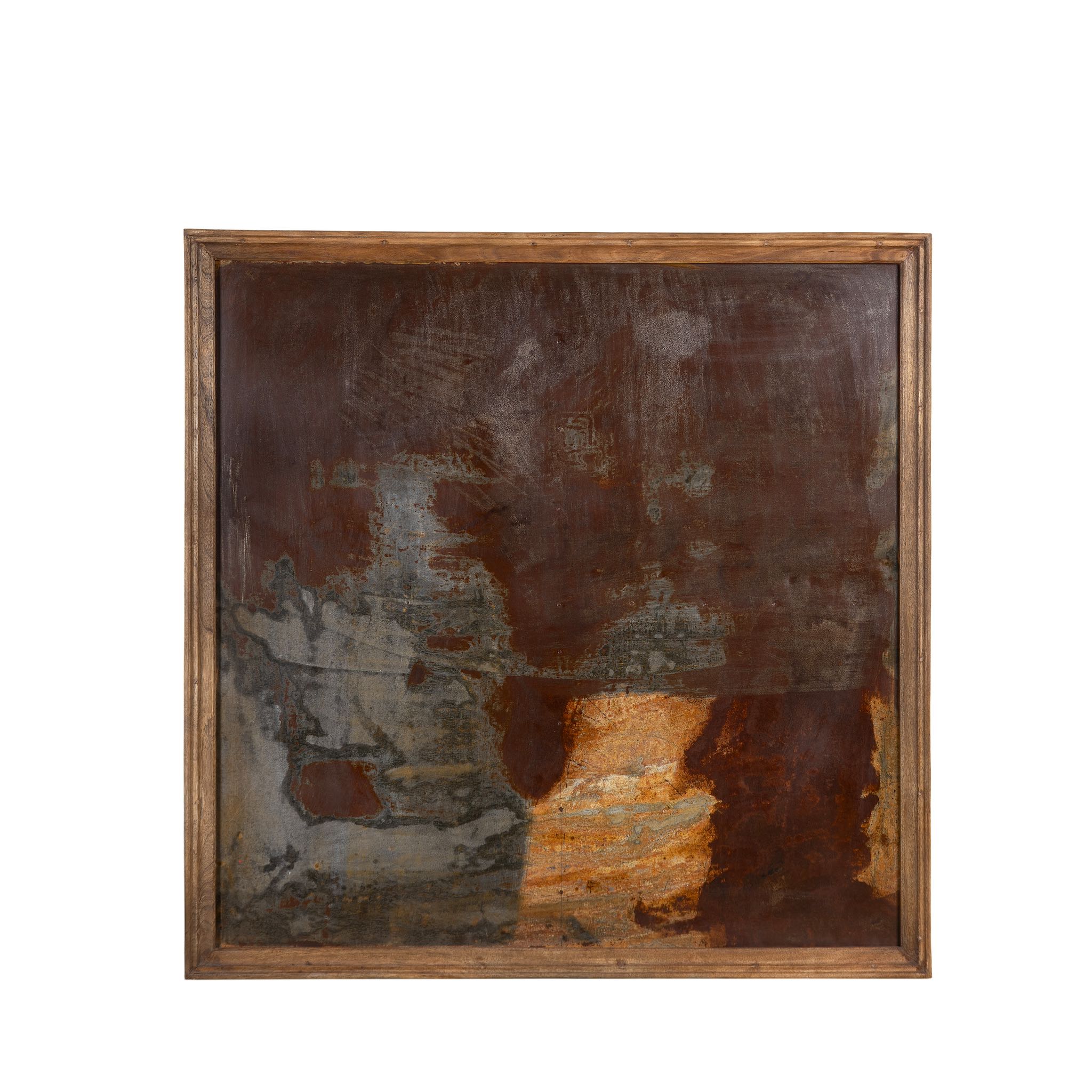 Rust-colored abstract painting with a wooden frame on a white background