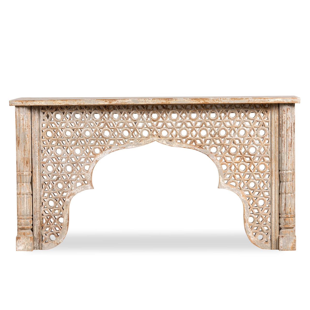 White background image of a hand carved mango wood console table in oriental style; unique hand carved furniture, 150 × 80 × 40 cm.