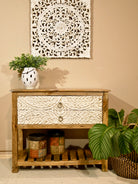 White washed mango wood console table with floral hand-carved drawers and lower shoe shelf; rustic mango wood furniture, 90 × 40 × 75 cm.