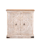 White background image of a whitewashed mango wood sideboard with hand-carved floral patterns; compact carved sideboard for vintage interiors, 90 × 90 × 40 cm.