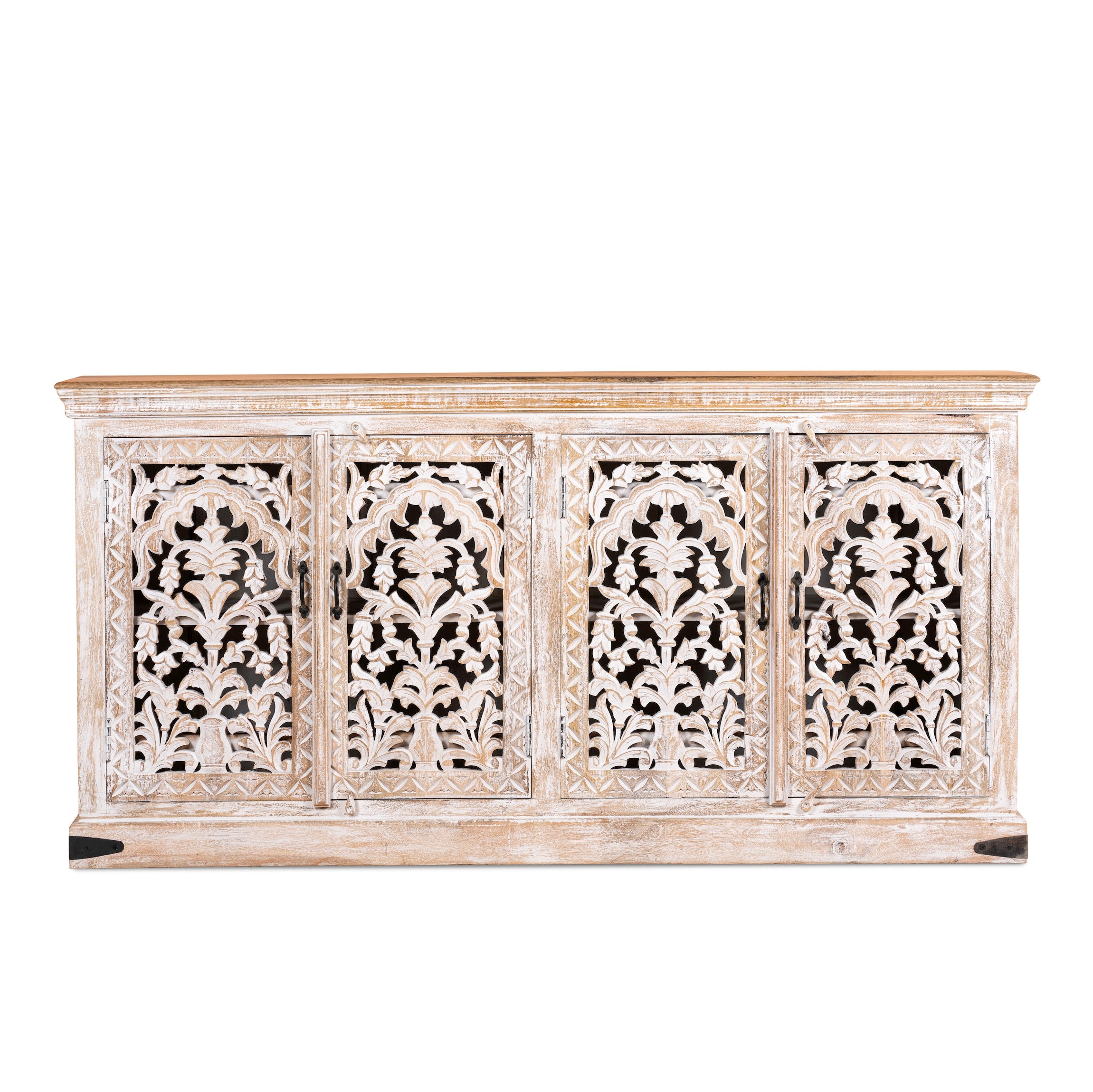 White background image of a hand carved mango wood sideboard with whitewashed finish and intricate Indian patterns; ideal for bedroom furniture or as a hand carved sideboard, 180 × 90 × 40 cm.