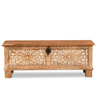 White background image of a hand-carved mango wood vintage chest with floral carvings – Mediterranean-style storage chest for living rooms, bedrooms, or bathrooms.