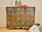 Classic Indian furniture Damchya chest, reclaimed teak wood with hand-carved details and iron fittings; perfect for bohemian interior décor, 130 × 66 × 110 cm.
