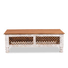 White background image of a hand carved mango wood coffee table with floral frame detailing; rustic natural finish, 140 × 90 × 46 cm.