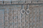 Close up image of a antique Indian chest in blue with brass fittings – solid teak iron fitted wooden chest ideal for storing blankets, pillows, or decorative use.
