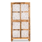 White background image of  hand-carved mango wood wardrobe with floral motifs and whitewashed finish; wooden wardrobe ideal for bedroom furniture, 90 × 180 × 40 cm.