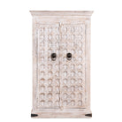 White background image of a handcrafted cabinet made from reclaimed wood with white-washed finish and Indian carvings – sustainable furniture and unique Indian furniture with cultural depth.