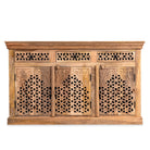 White background image of a and-carved mango wood sideboard Kaveri with 6 compartments and 3 drawers, oriental-inspired mango wood furniture, 150 × 90 × 40 cm.