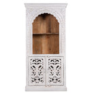 White background image of a handcrafted mango wood shelving unit with Indian carvings and four compartments; ideal for Indian home decor, 180 × 90 × 40 cm.