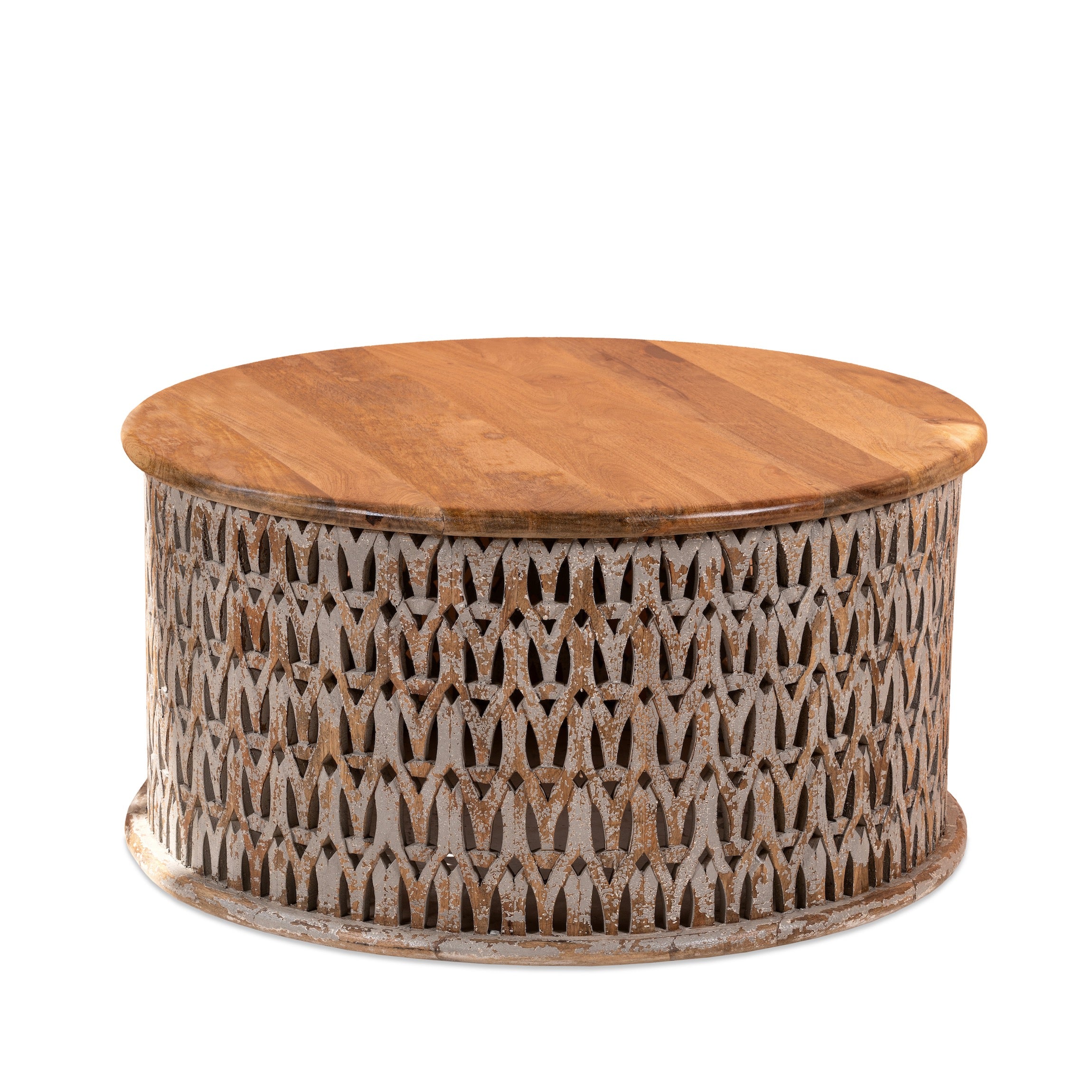 White background image of a round hand carved mango wood coffee table with white-washed base and natural wood top; 90 cm diameter, 45 cm height.
