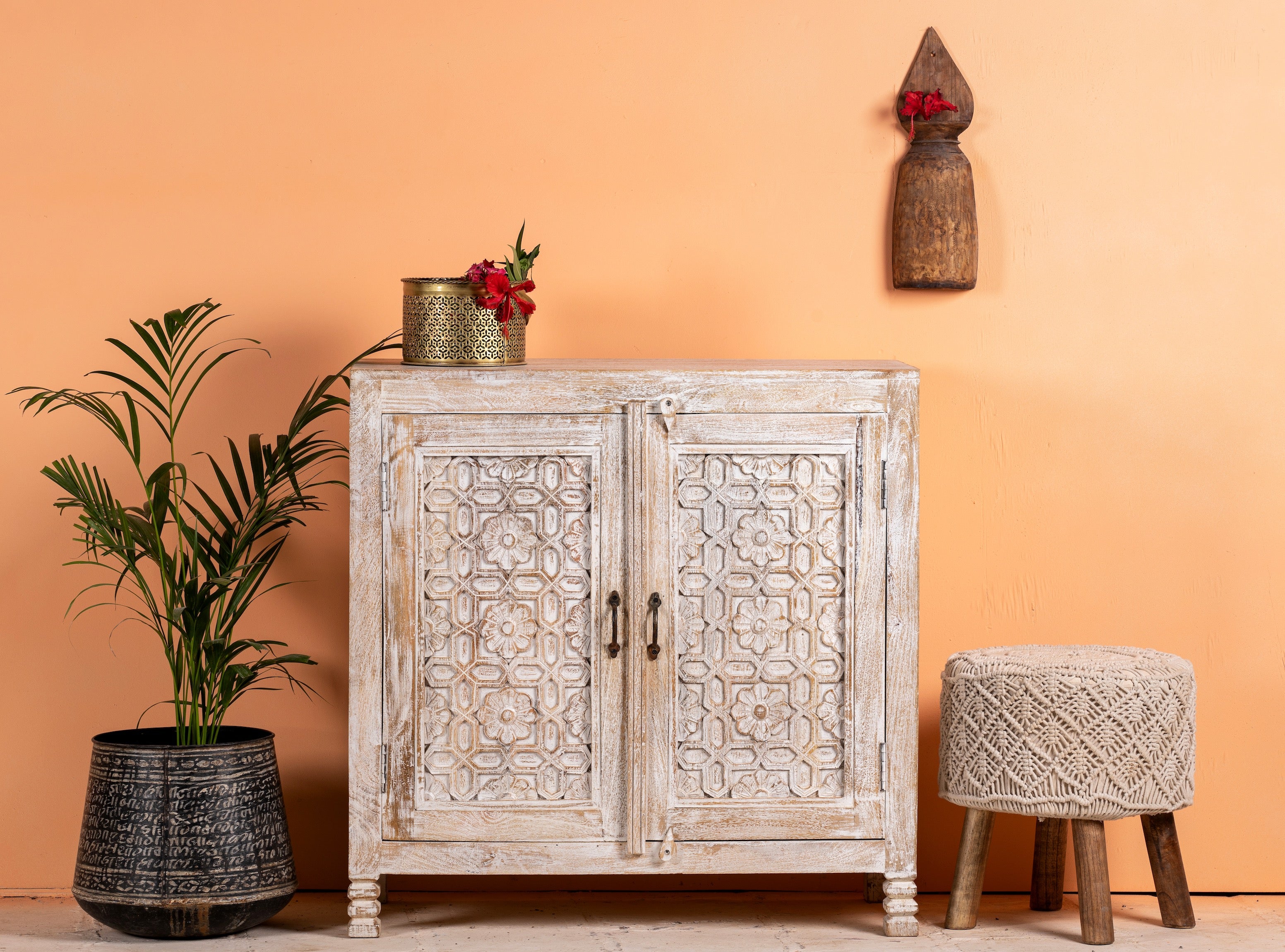 White washed cabinet handcrafted from mango wood with engraved doors; artisanal Indian mango wood furniture, 90 × 90 × 40 cm.