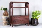 Reclaimed teak wood towel stand with dark brown finish and laundry storage; rustic bathroom furniture, 100 × 30 × 76 cm.