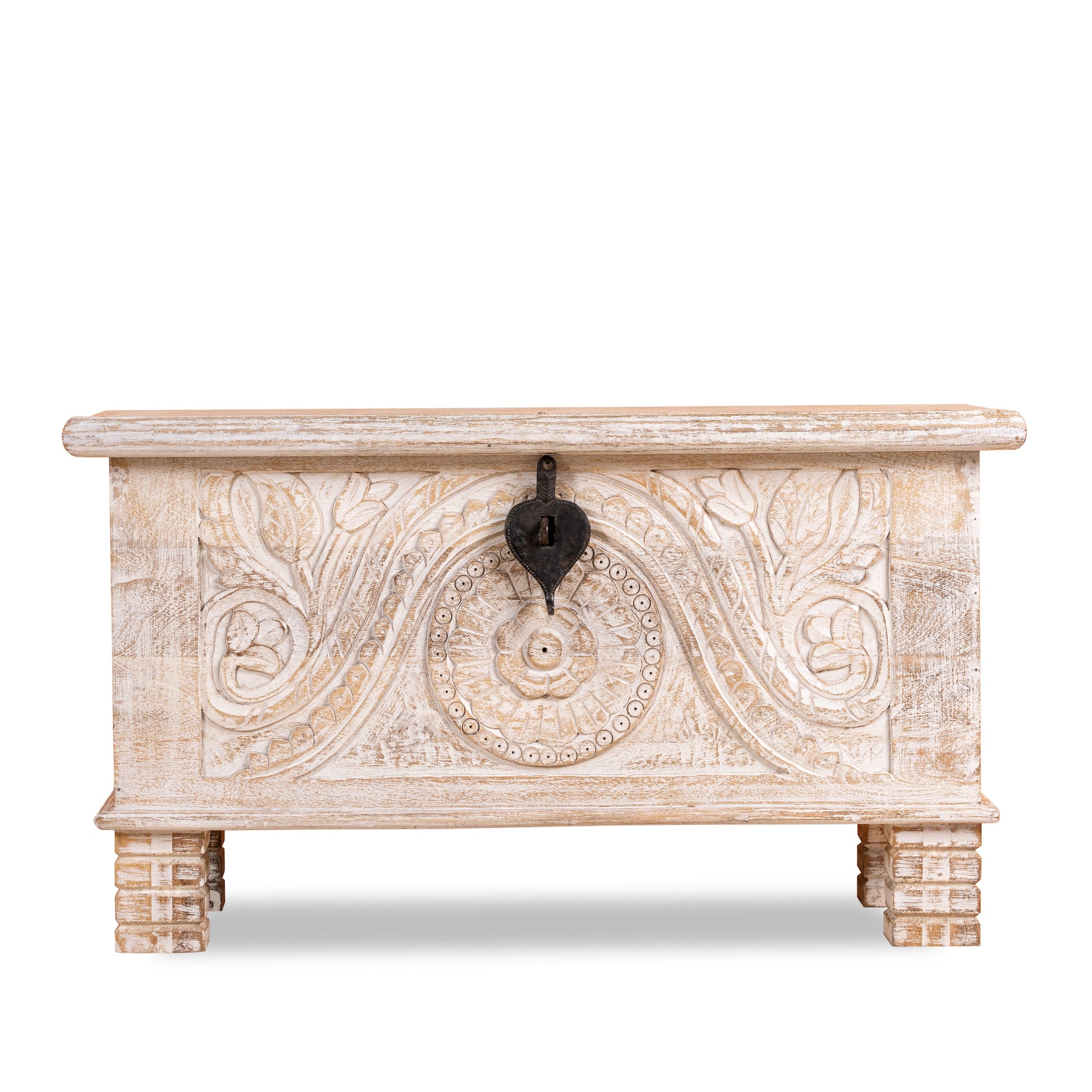 White background image of a hand‑carved mango wood chest with floral detailing – vintage home accessories and artisan storage chest for stylish interiors.