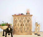 Hand-carved wood furniture made from solid mango wood, Mediterranean-style cabinet with Indian carvings, 90 × 90 × 40 cm.