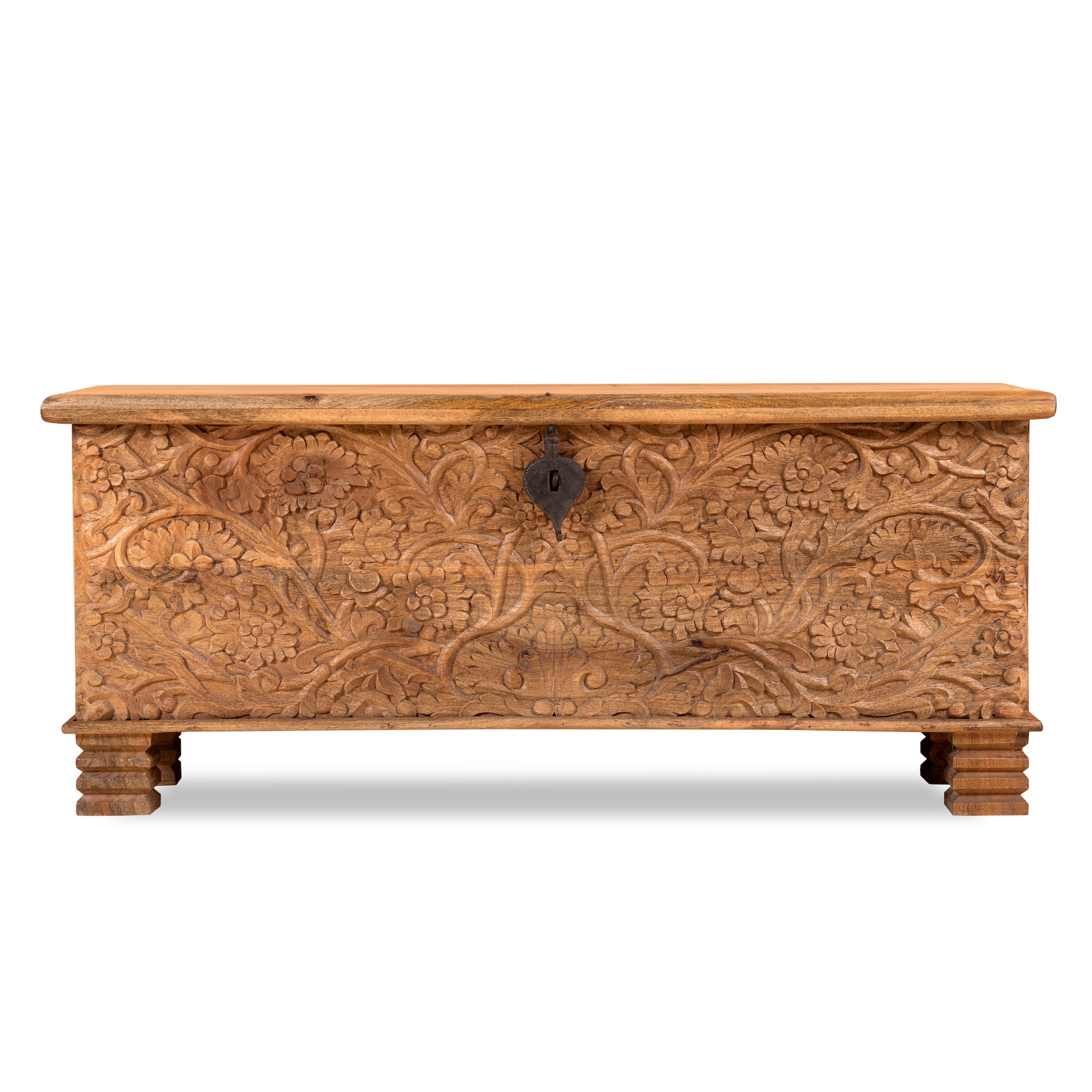 White background image of a hand-carved mango wood storage chest with floral detailing and iron fittings – wooden carved chest ideal for use as elegant bedroom furniture or storage.