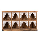 White background image of a hand-carved mango wood console table with floral patterns and whitewashed arches; ideal as entryway table vintage or carved console table, 200 × 110 × 37 cm.