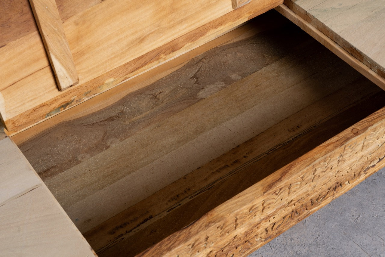 Storage box of a reclaimed teak wood bench with horse-head carvings and hidden storage; sustainable double-seater with cushion, 150 × 93 × 77 cm.