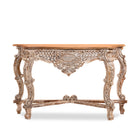 White background image of a vintage console table in solid mango wood with hand-carved detailing; elegant lighting accent for entrance or living room, 120 × 40 × 76 cm.