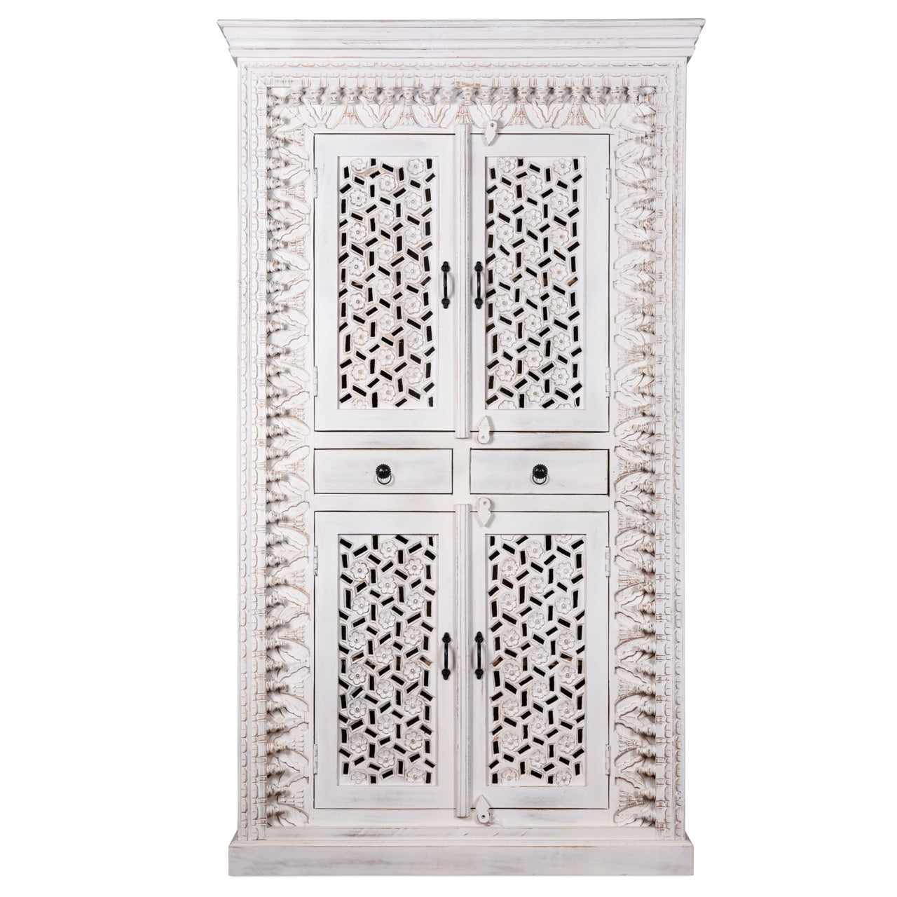 White background image of a 
hand-carved mango wood cabinet with shelving and whitewashed finish, bedroom furniture with floral and geometric motifs, 190 × 105 × 40 cm.