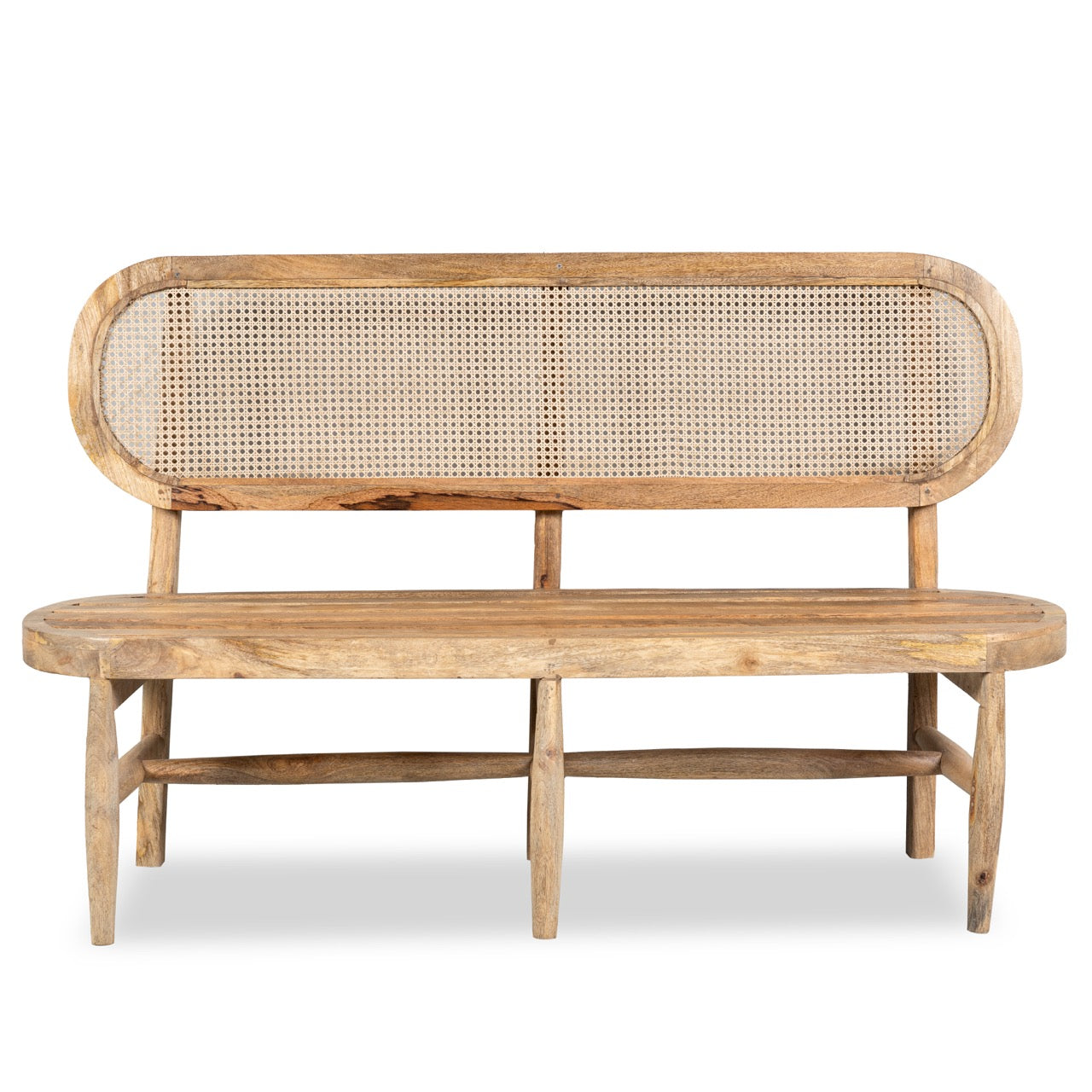 White background image of a mango wood bench with rattan backrest; handcrafted rattan furniture, 152 × 48 × 95 cm.