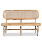 White background image of a mango wood bench with rattan backrest; handcrafted rattan furniture, 152 × 48 × 95 cm.