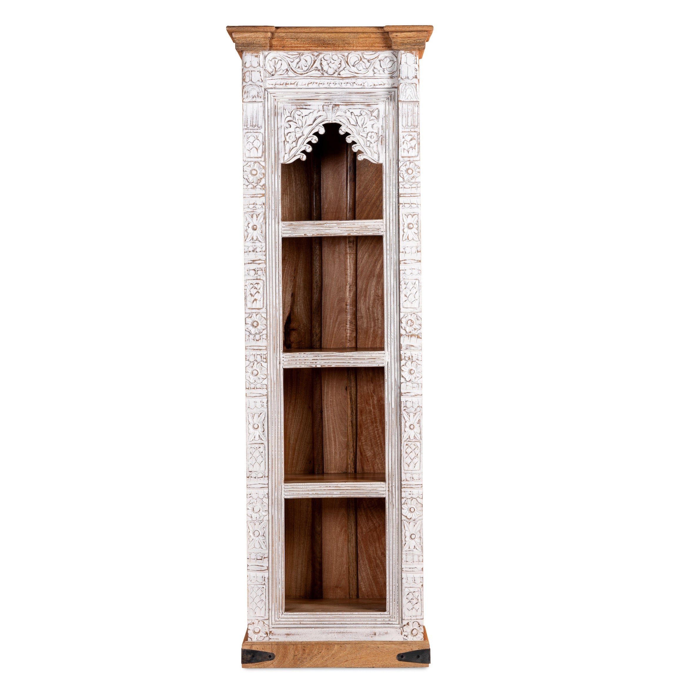 White background image of a hand carved white washed mango wood bookshelf with Mediterranean design – narrow wooden furniture piece with decorative carving and natural charm.