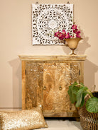 Boho style mango wood furniture cabinet with hand-carved floral doors, Mediterranean-inspired design, 90 × 90 × 40 cm.