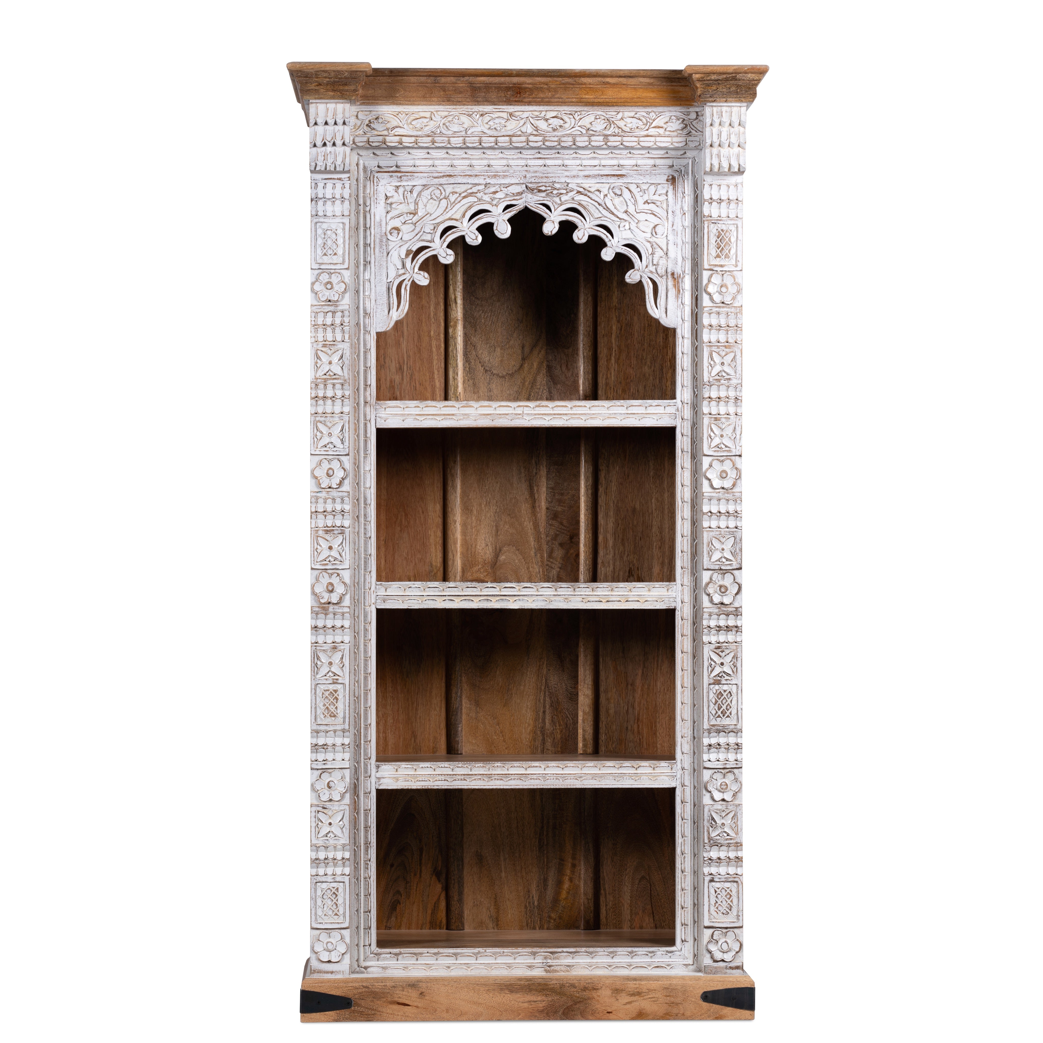 White background image of a hand-carved mango wood bookshelf with arched frame and whitewashed finish – carved wooden furniture and mango wood shelving with Indian-inspired design.