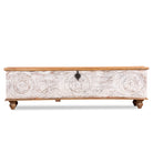 White background image of a long mango wood vintage display box and wood chest box with hand‑carved circular motifs, iron fittings and whitewashed finish; 180 × 55 × 46 cm.
