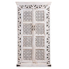 White background image of a hand-carved mango wood cabinet with floral and geometric patterns in white-wash finish – carved wooden furniture and artisanal furniture with Mediterranean charm.